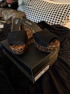 Charlex Black Suede Slide Sandals with Leopard Platform